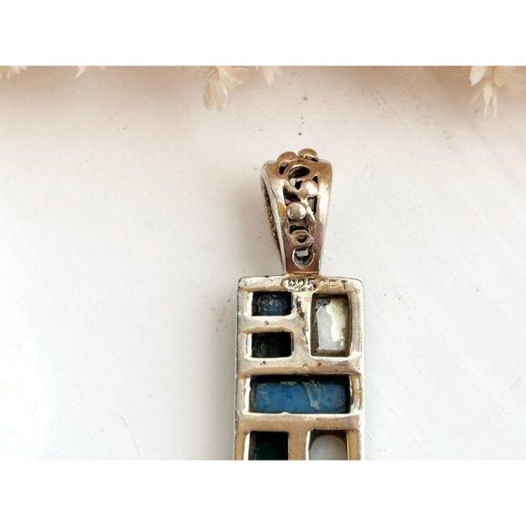 Geometric Malachite, Mother of Pearl & Blue Quartz 925 Sterling Vintage Pendant - Picture 6 of 10